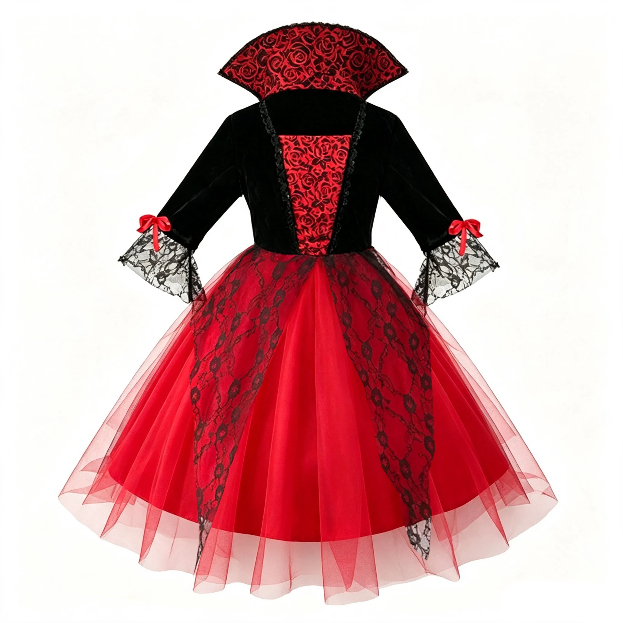 Kinder Day Of The Dead Cosplay-Outfit Schwarzes Rotes Kleid Komplettes Rosen-Accessoire-Set für Halloween, Karneval, Geburtstag, Rollenspiel – Detail 2