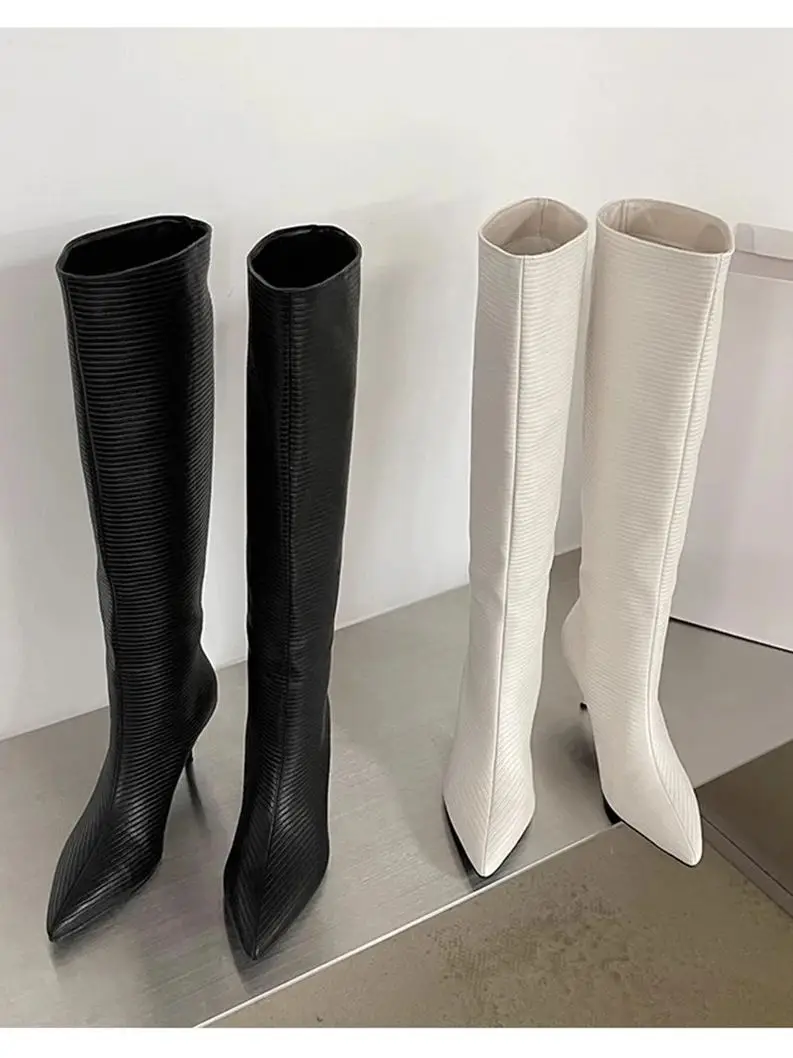 Fashion Women Knee High Boots Pointed Toe Chelsea Botas Thin High Heels Black White Slip On Winter Knight Botas Size 35-40