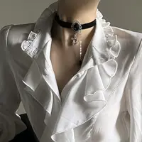 Harajuku Vintage Black Bottoming Shirt Women Stand Collar Ruffles Slim Blouses Japanese Victorian Long Sleeve Blusas De Mujer 6