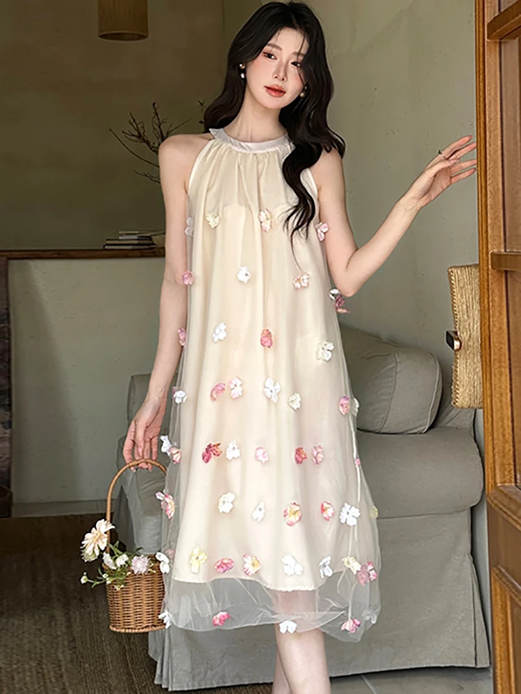 Women New Mesh Appliques Chic Neck-mounted Midi Dress Summer Boho Elegant Loose Waist Casual Dress 2025 Korean Luxury Prom Dress