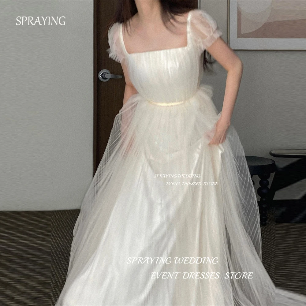 

SPRAYING Vintage Tulle A Line Korea Wedding Dresses Short Sleeves Photoshoot Square Neck Pleats Bridal Gowns Corset/Zip Back