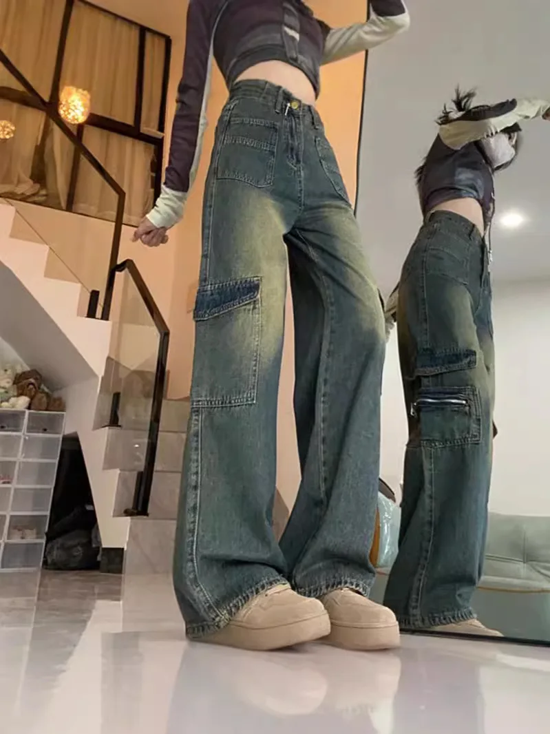 

Джинсы женские винтажная одежда карго с карманами джинсовая Y2K мешковатая мода уличная одежда в корейском стиле с высокой талией черные широкие брюки свободные