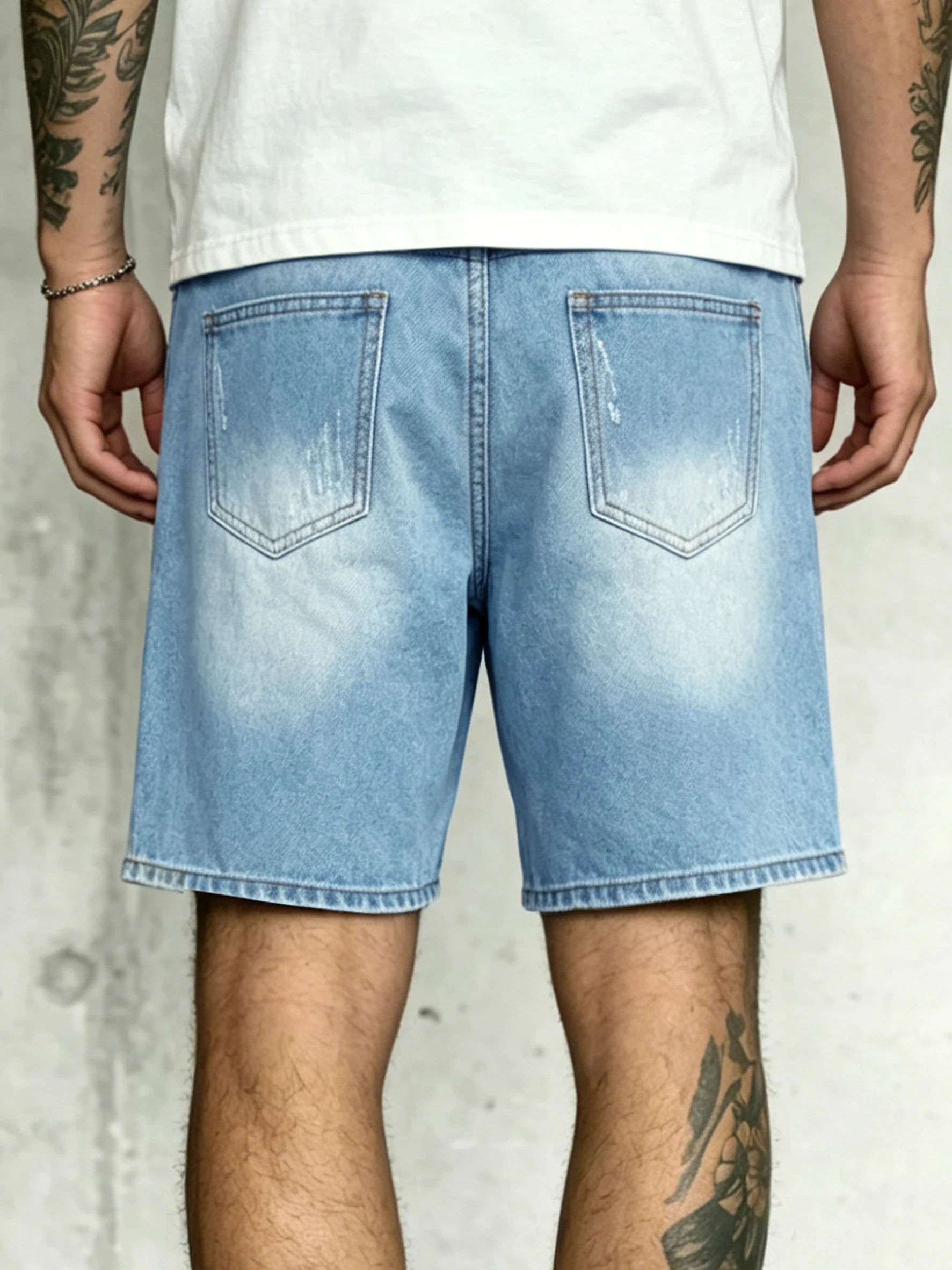 Men Casual Shorts Light Blue Washed Ripped Distressed Frayed Hole Straight Knee Length Streetwear Shorts 84% Cotton XS-XXXL