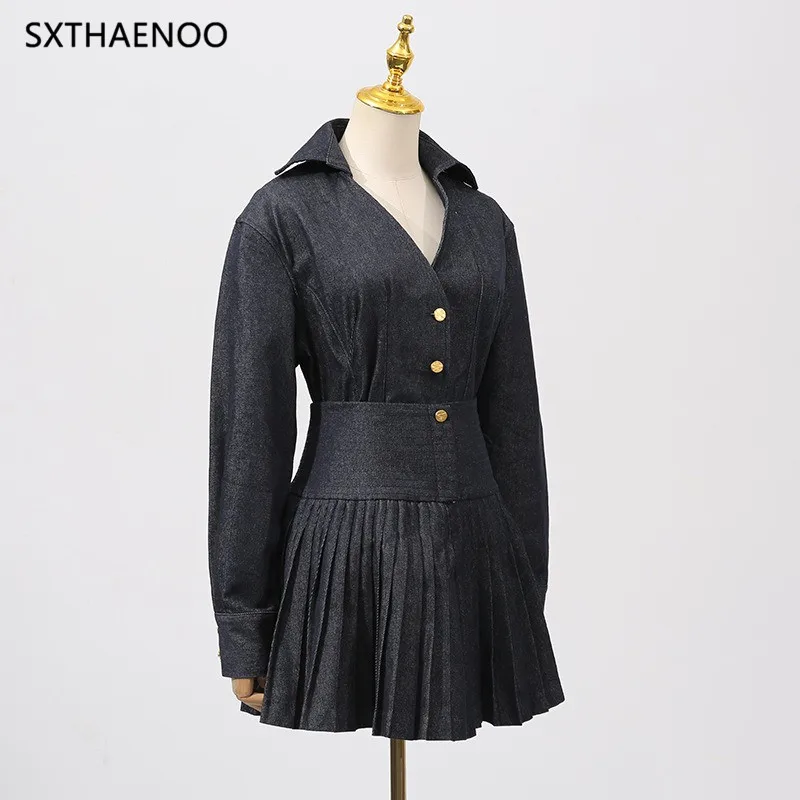 

SXTHAENOO Two Piece Sets For Women Lapel Long Sleeves Spliced Single Breasted Top High Waist Patchwork Folds Skirt Set Female