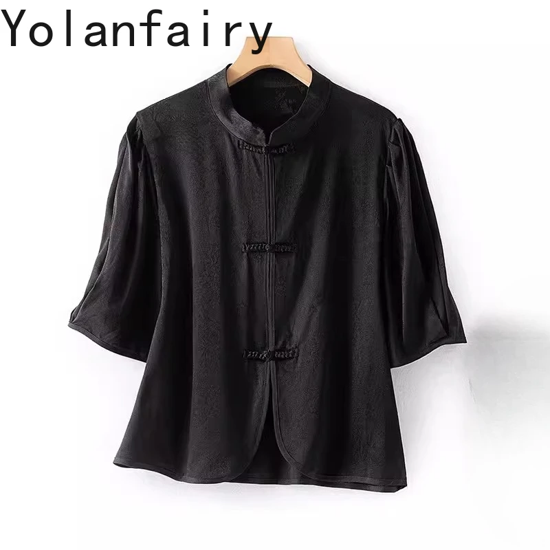 

YOLANFAIRY 100% натуральные шелковые рубашки из тутового шелкопряда для женщин, лето 2026, элегантная рубашка с воротником-стойкой, женские топы, черная рубашка, короткая блузка