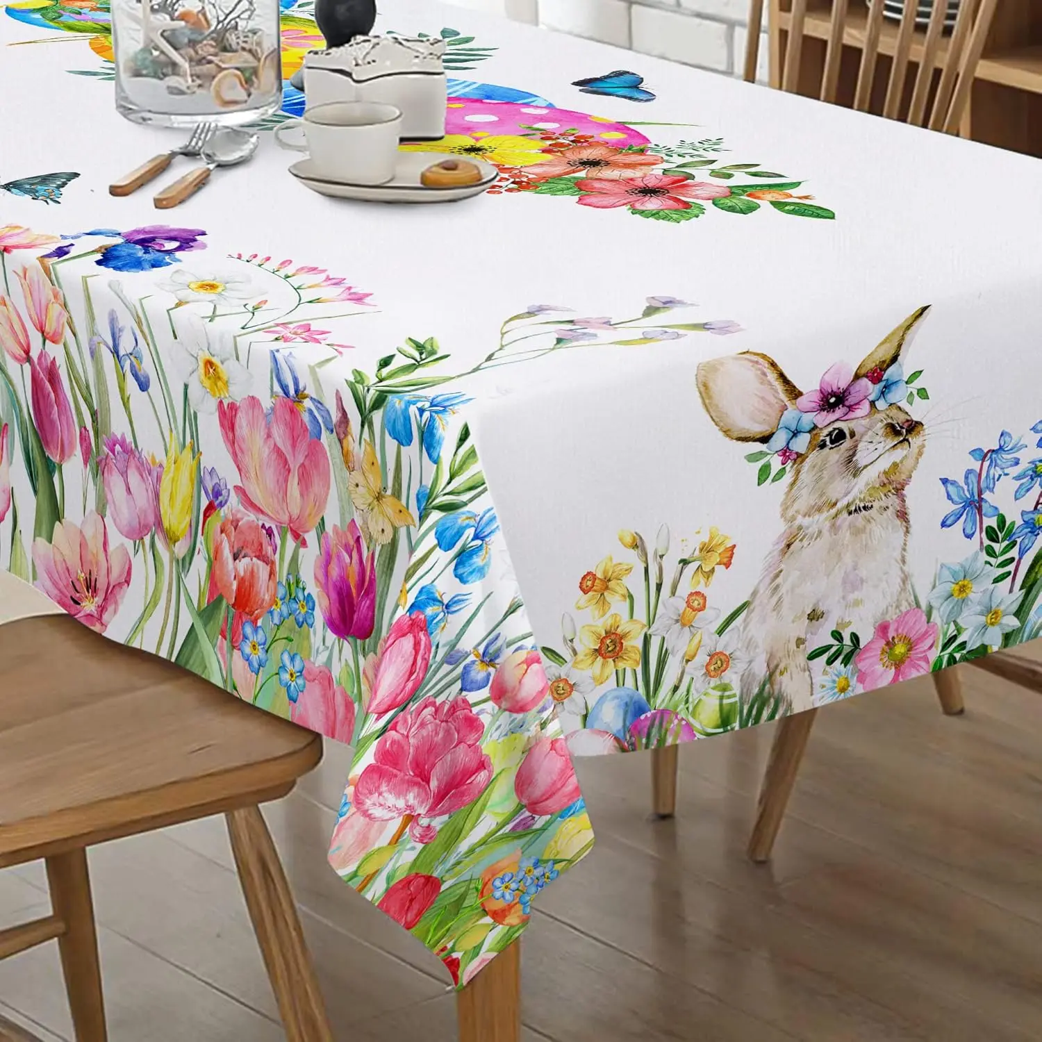 Spring Flower Easter Tablecloth with Bunny Pink Red Floral Multipurpose Washable Table Cloth Dining Room Picnic Home Decoration