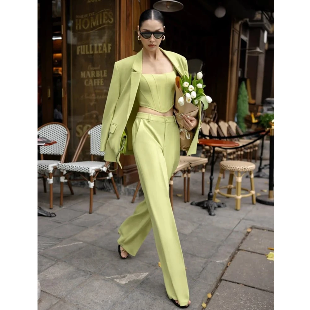

Sage Green 3-х предметный костюм для женщин Шикарный элегантный женский костюм Комплект офисной женской одежды Костюм для свадебной вечеринки Блейзер Брюки и корсетный комплект