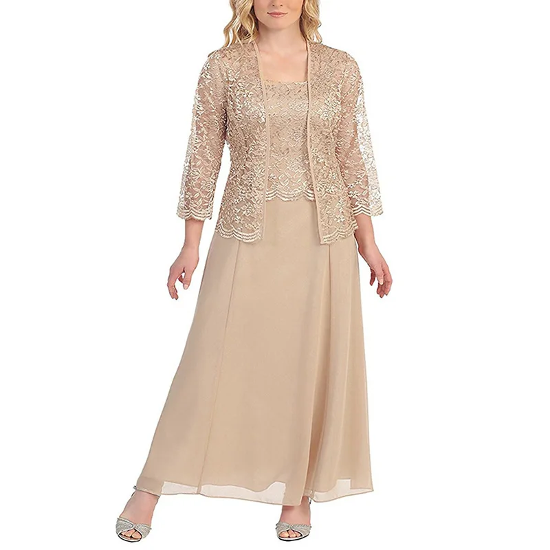 CloverBridal 2023 khaki Women's Summer Dress Lace Jacket 2 Pieces Sunscreen Clothing Chiffon Long Dress Set Mom's Outfit WM9987