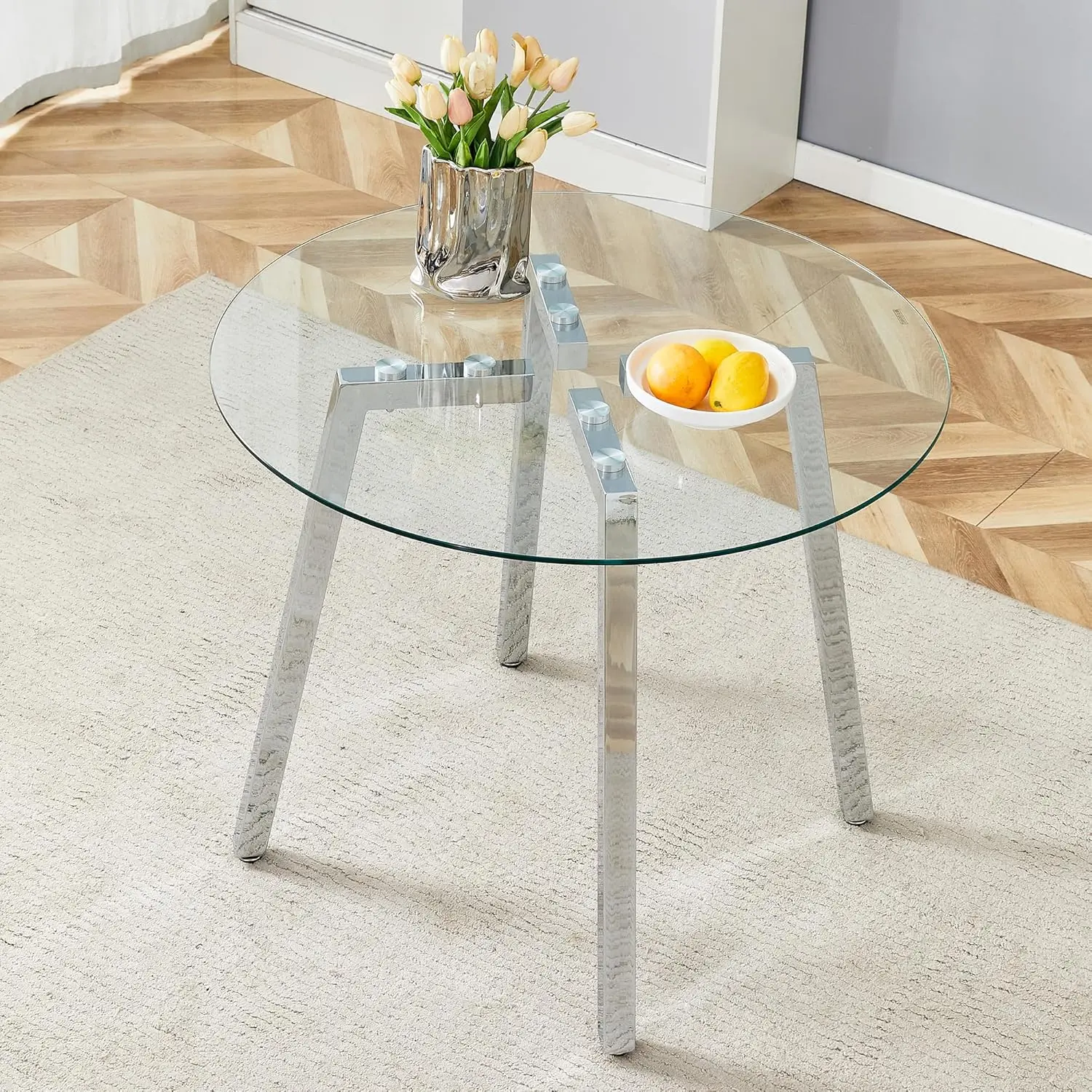 Modern Luxurious Round Tempered Glass Dining Table With Silver 7-Shaped Metal Legs,Suitable For Family Meals, Office