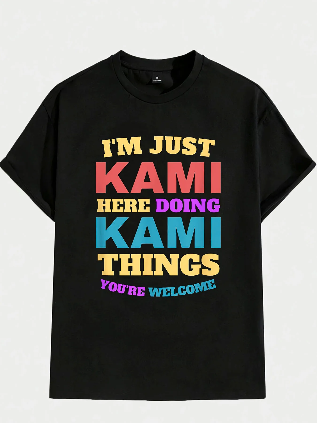 Funny Men's Black Graphic T-Shirt We'Re Here Doing Things You'Re Welcome Bold Letter Print Colorful Typography Statement Design 100% Cotton Heavyweight Short Sleeve Casual Streetwear Tee