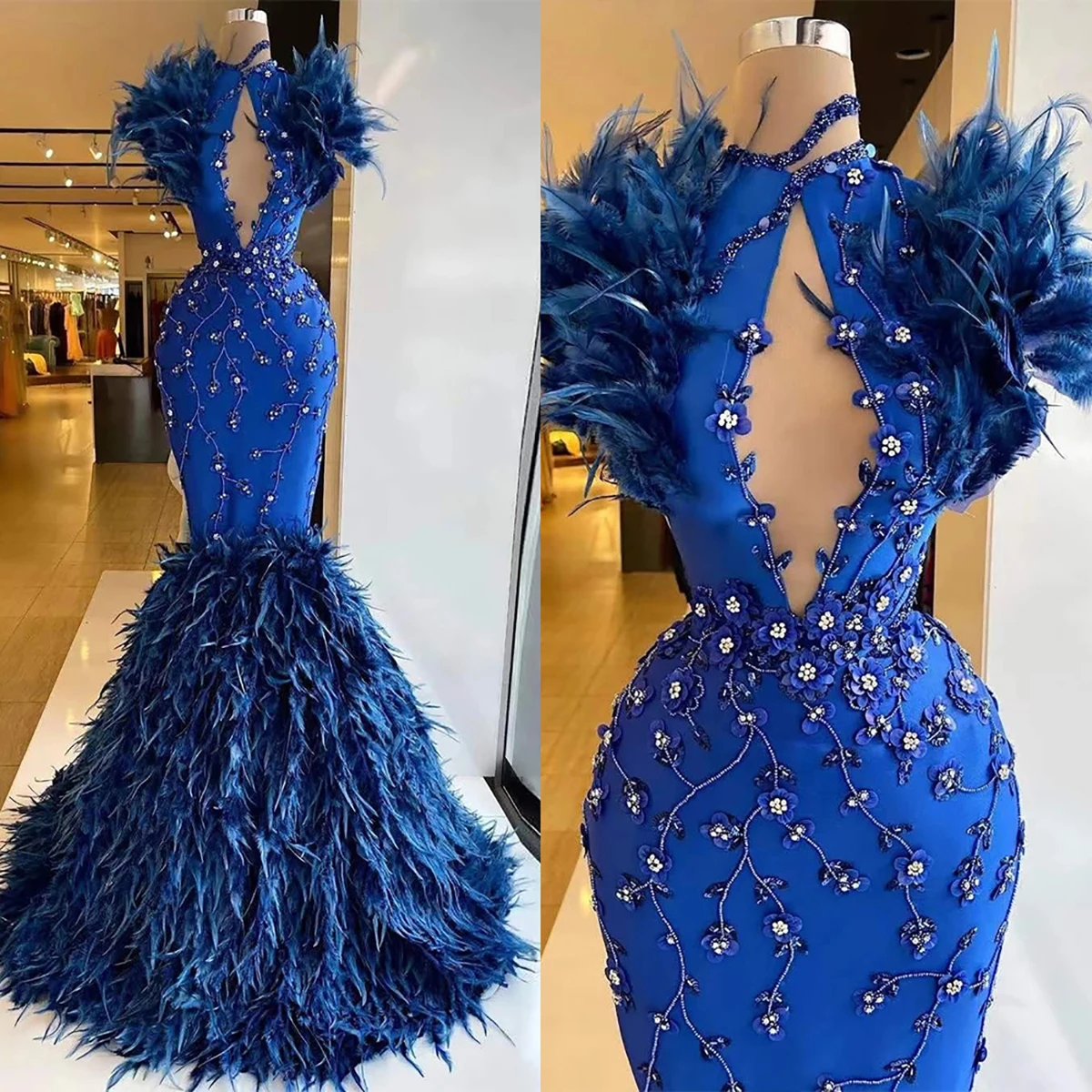 

Luxurious Blue Beads Mermaid Evening Dress 2022 Sexy New Feather O-Neck Crystal Shine Bridal Gowns Draped Robes De Mariée