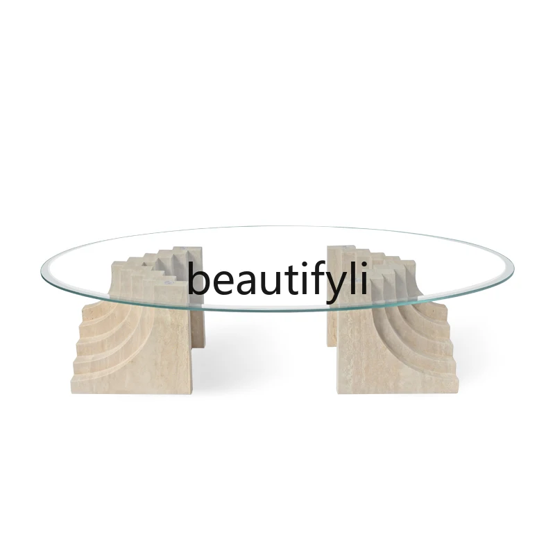 

Cream wind tunnel stone coffee table oval creative tempered glass living room household living room light luxury high sense