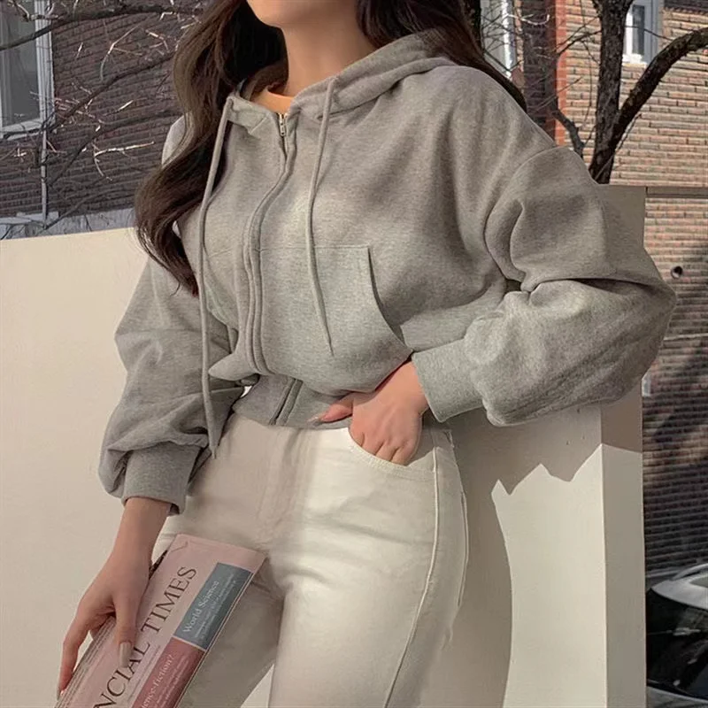 Casual Short hooded Sweatshirt Women Y2K Zip Up Hoodies Harajuku Long Sleeve Tops Oversized Crop Top Female Loose Jackets Coat