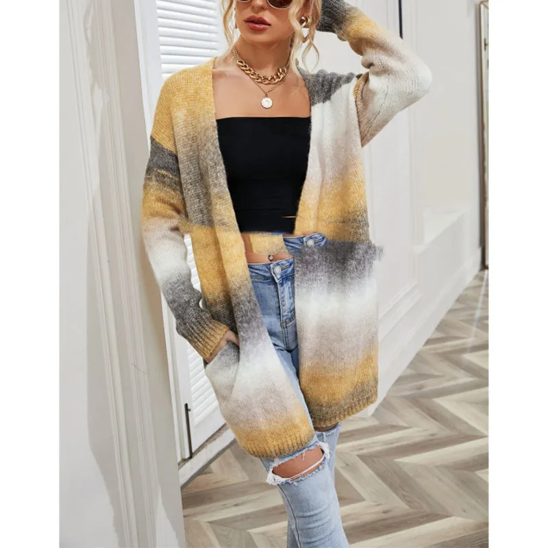 Autumn Winter New Women\'s Fashion Slash Neck Cardigan Rainbow Tie Dyeing Pockets Spliced Long Sleeve Loose Casual Sweaters Tops