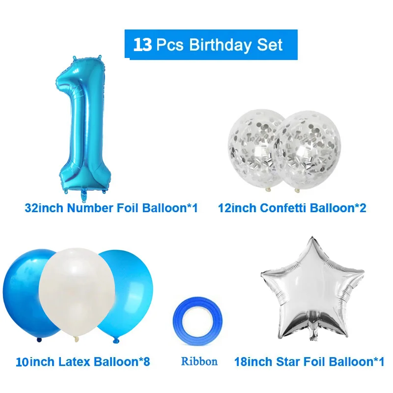 13pcs Blue 32inch Number Foil Latex Balloon Happy Birthday Party Decorations Kids Boy Baby Prince 1 2 3 4 5 6 7 8 9 Year Old 1st