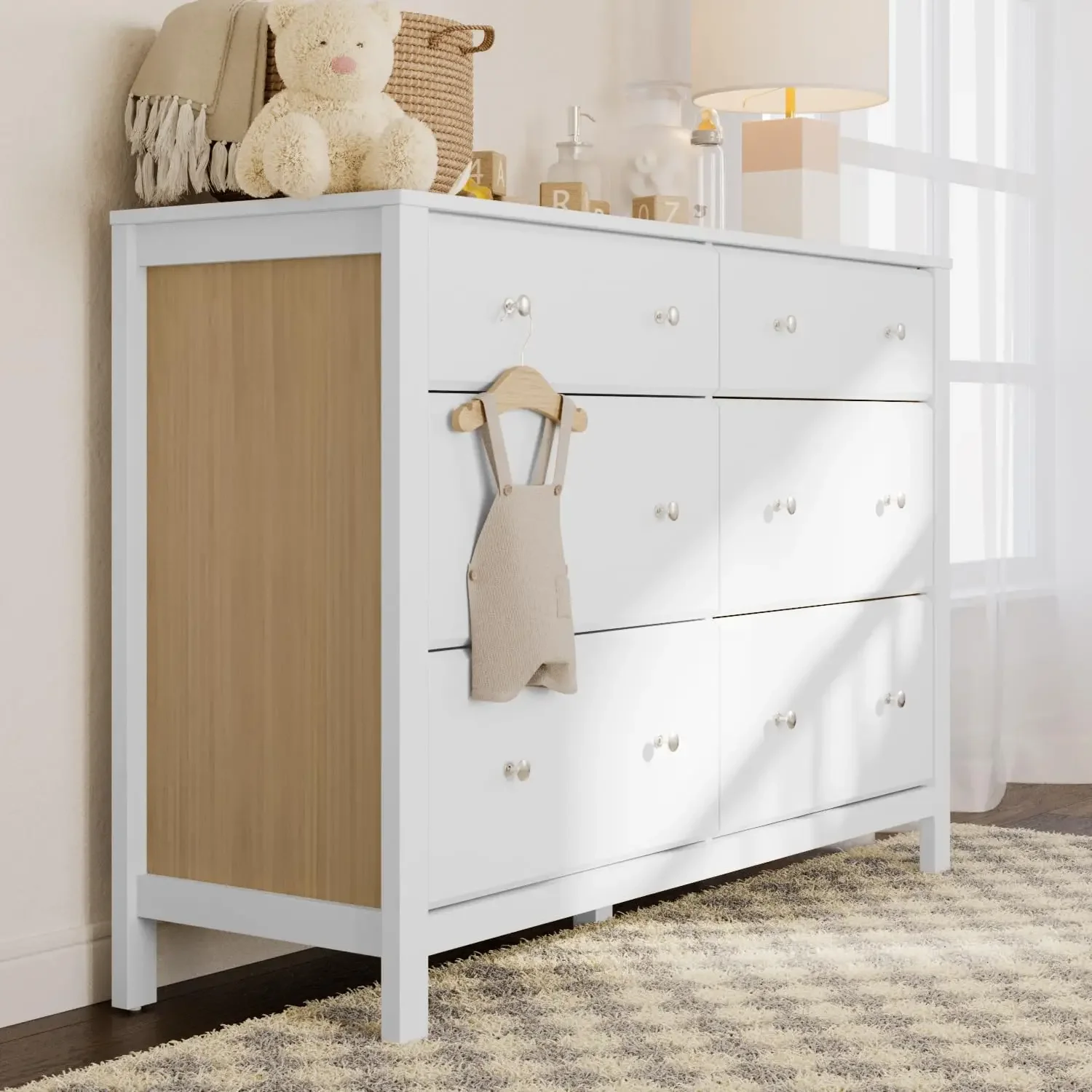 Dresser (White with Driftwood) - GREENGUARD Gold Certified, 6 Drawer Dresser with Interlocking Drawer System, Dresser Drawer Org