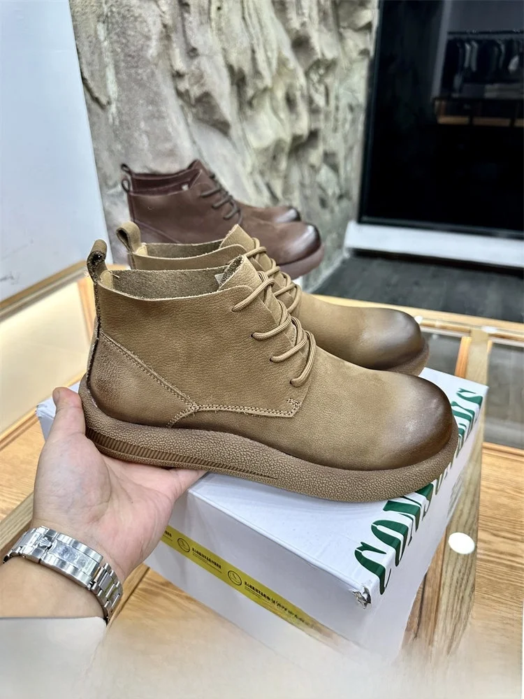 

Top Layer Cowhide Men's Casual Short Boots British Style Mid-Calf Workwear Comfortable Warm round Toe Booties