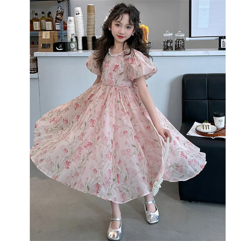 Girls Summer dress 2024 new 5-12 years old 15 years old big children sweet temperament foreign flower princess dress