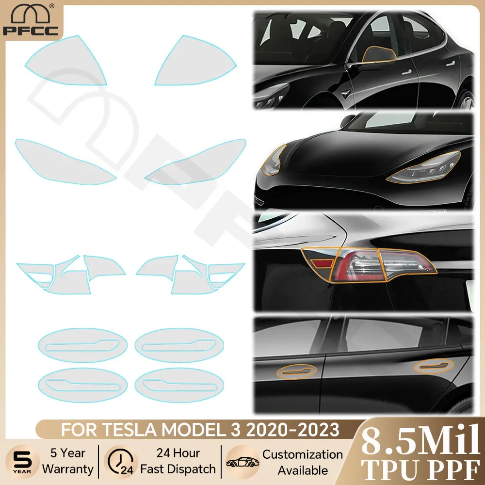 

Для Tesla Model 3 2020-2023 фары, дверные ручки заднего вида, защитная пленка для задних фонарей, 8,5 мил, ТПУ, предварительно вырезанный PPF, прозрачный, против царапин