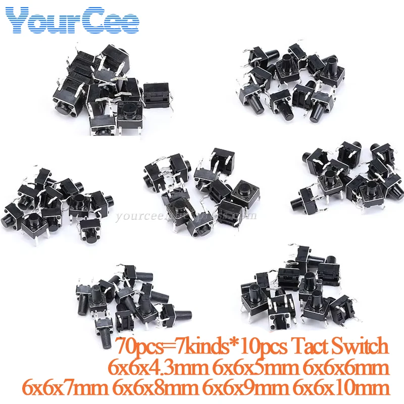 70pcs/lot 6*6 Tact Switch Tactile Push Button Switch Kit 6*6*4.3/5/6/7/8/9/10 SMD Assortment Diy Component Kit 7kinds*10pcs