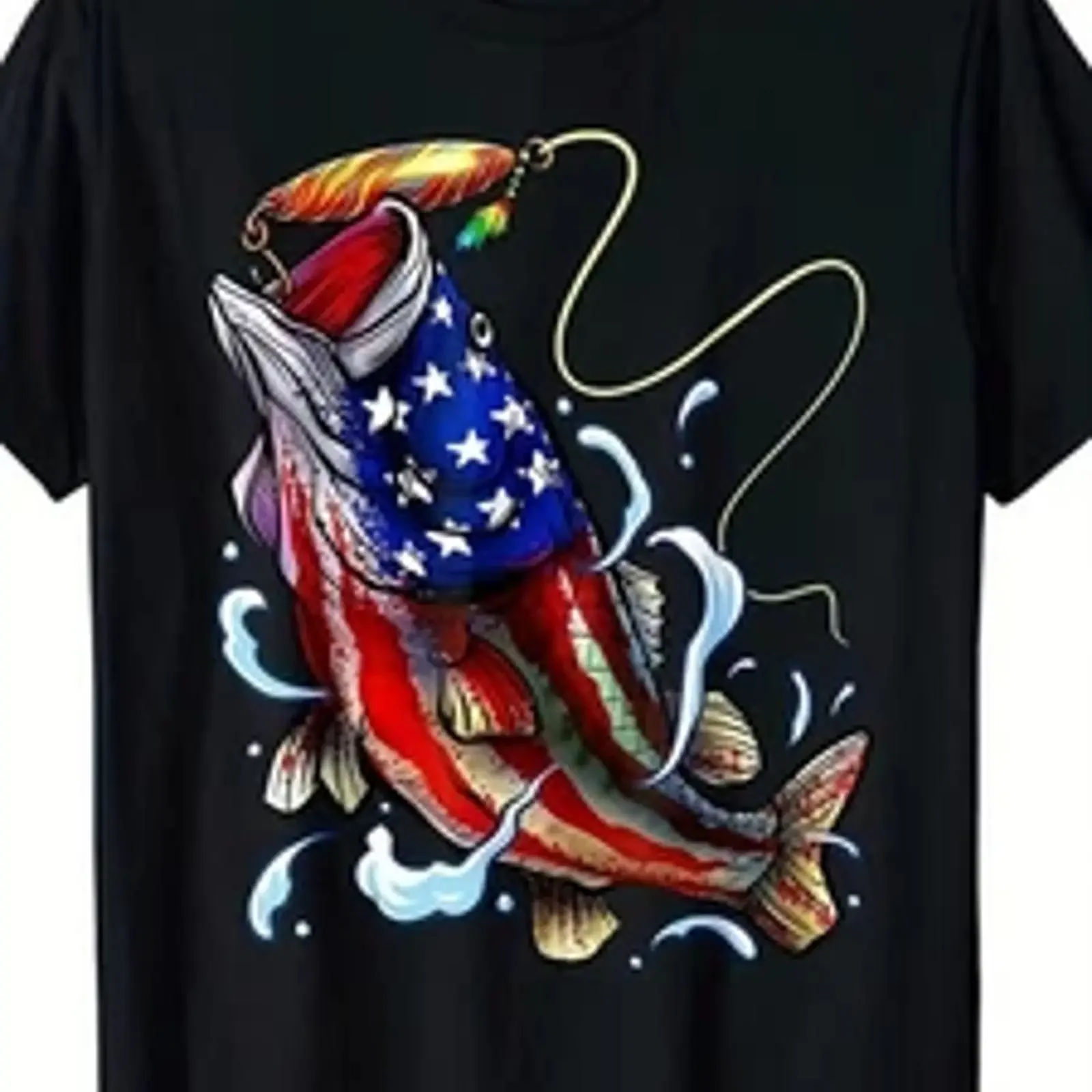 Men'S Patriotic Bass Fishing American Flag T Shirt Funny Jumping Fish Fishin vintage Washed Stretched Slightly Versatile