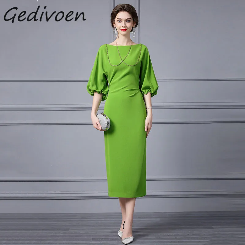 

Gedivoen Summer Fashion Runway Elegant Temperament Dress Women's Lantern Sleeve Chain Gathered Waist Slit Party Slim Long Dress