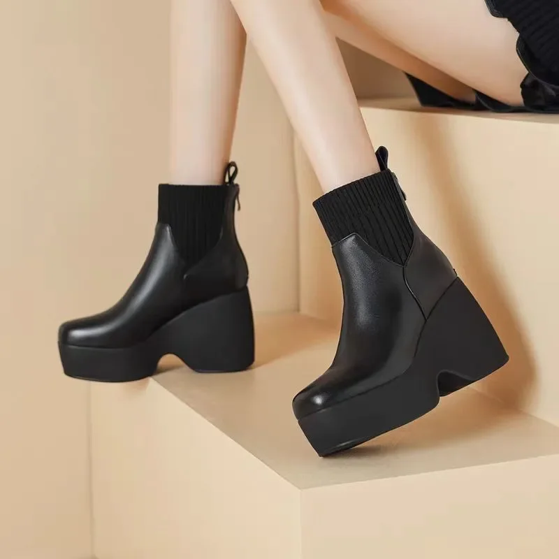 

Comfortable Fashion Soft Leather Boots Women's Platform 2024 Winter Warm Round Head Flexible Med Block Sock Mom Ankle Boots