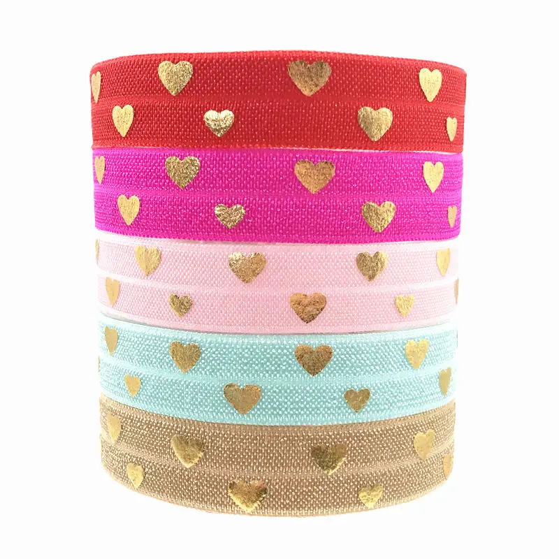 10yards 15mm Gold Foil Love Heart Print Fold Over Elastic FOE Ribbon Diy Headwear Tie Sewing Wedding Decoration Accessories