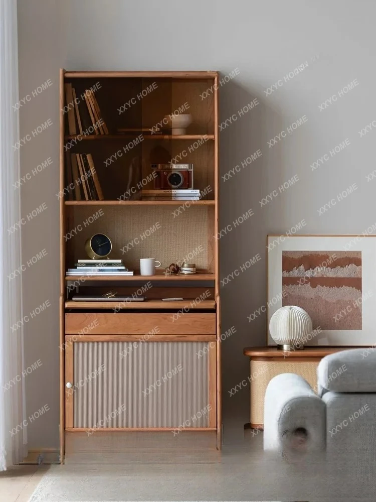 A  Nordic solid wood floor-to-ceiling bookcase with glass door dust-proof bookshelf display case elegant and restrained style
