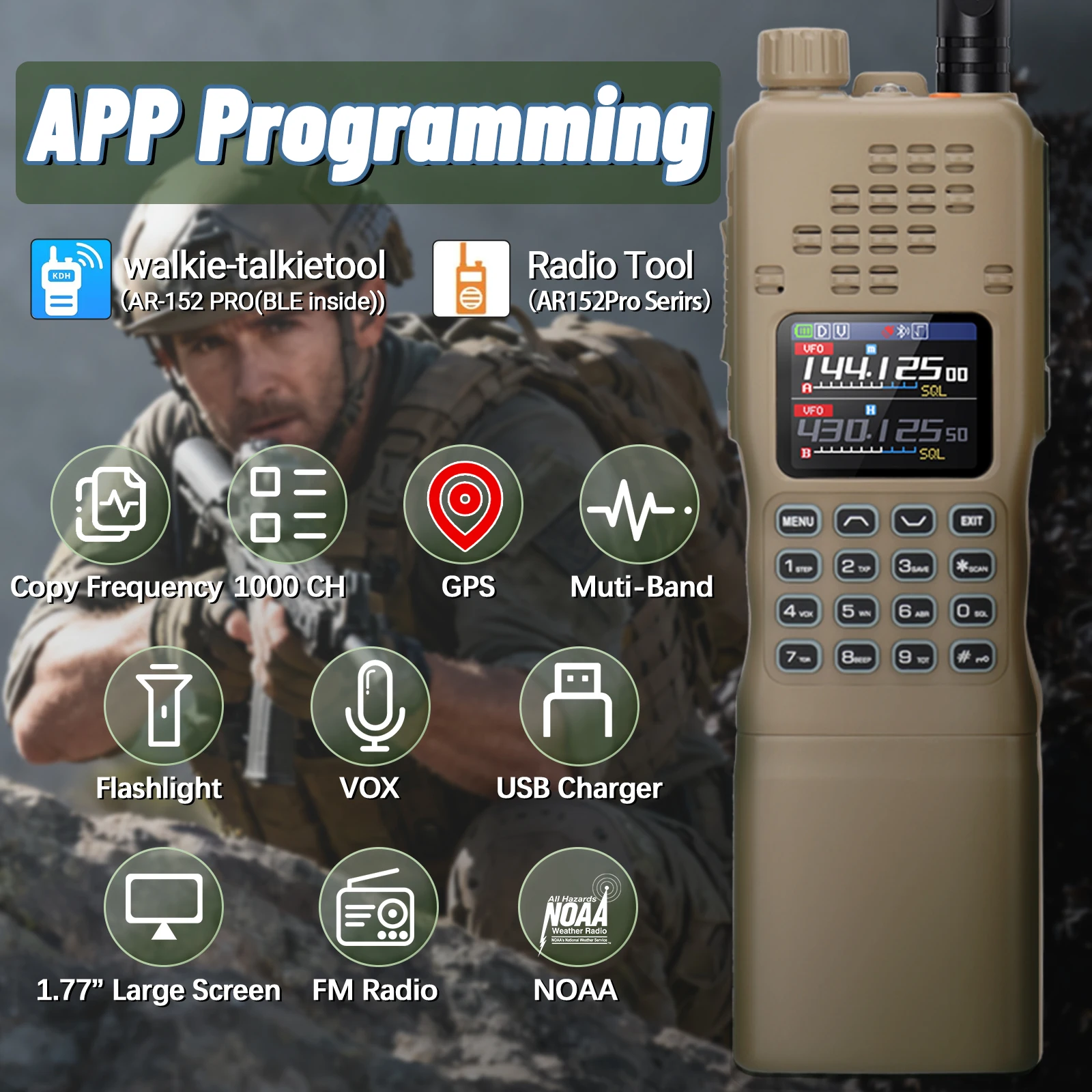 BAOFENG AR-152 PRO GPS Walkie Bluetooth APP Programing Wireless Copy Frequency Multi Band Large Power 10W Tactical Ham Radio