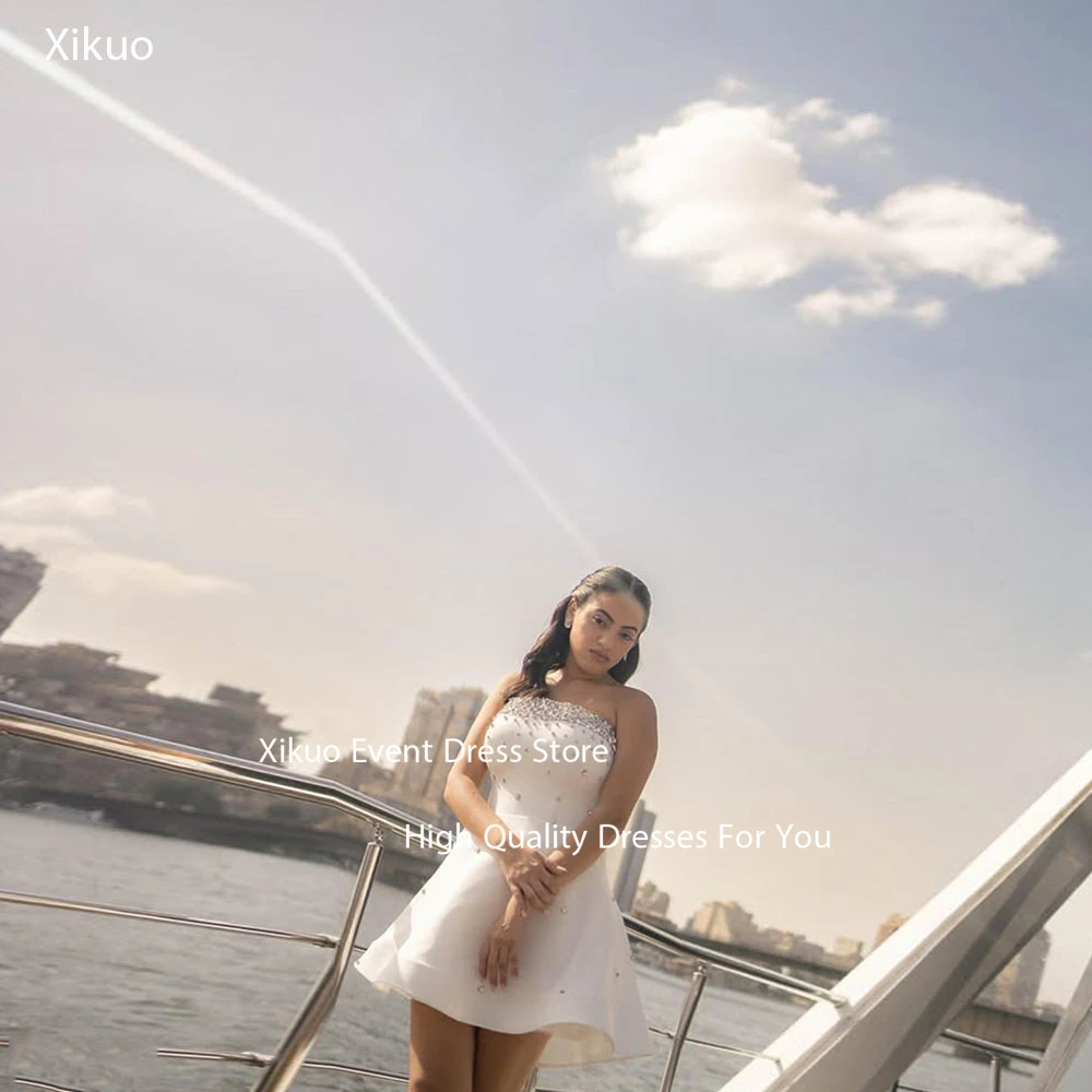 

Xikuo Strapless Short A Line Wedding Dress Bling Crystal Prom Gowns Modern Sparkling Lace Up Back Robes De Cocktail Customized