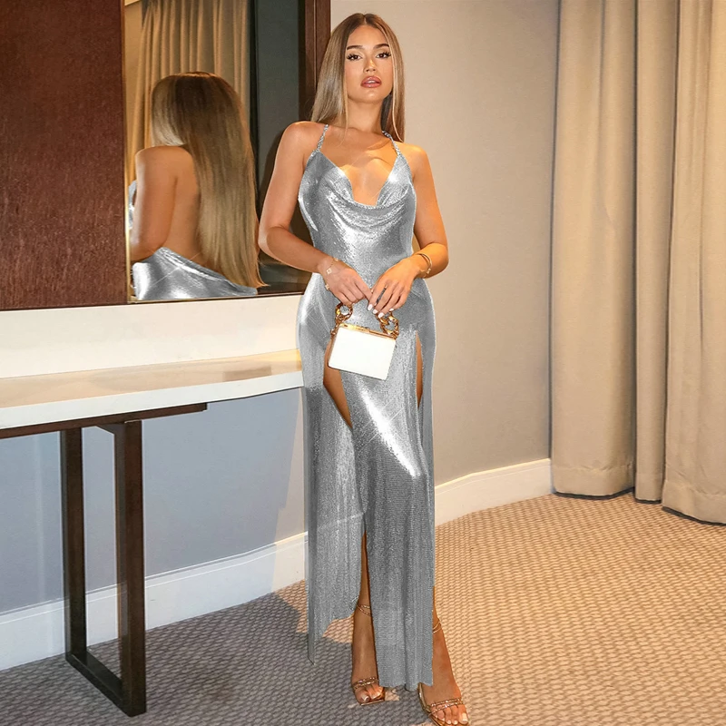 Glitzerndes Damen-Maxikleid mit Pailletten, rückenfrei, Spaghettiträgern, für Abendpartys, funkelnde Aluminium-Nakidka auf dem Badeanzug 2026 – Detail 1