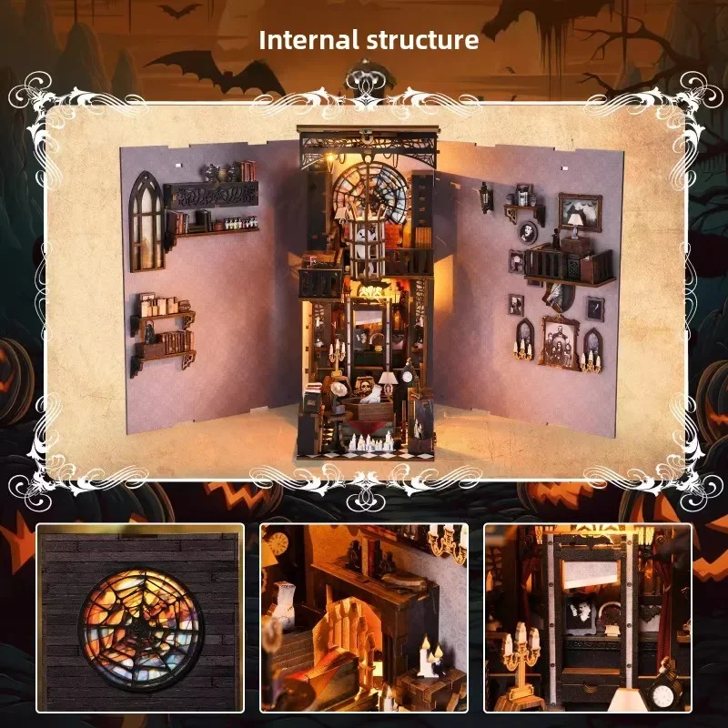 Kit angolo libro La famiglia Addams Puzzle in legno fai-da-te Mercoledì Halloween Scaffale Modello casa delle bambole Fermalibri Costruzione Decorazione della casa