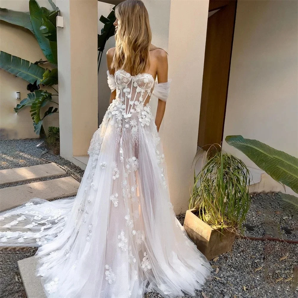 

2025 customize Pleats Bride Dresses Bohemia Lace Wedding Dresses 3D Flowers Appliques Off Shoulder A-Line Bridal Gowns Women