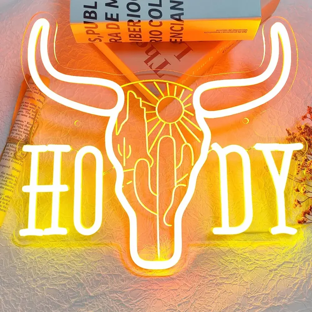 Howdy boi luz de sinal de néon, decoração estética formal do quarto do cowboy, para casa caverna clube restaurante festa de aniversário arte parede pendurado