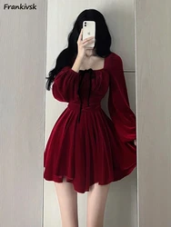 Pleated Dresses Women Solid Bow Retro Square Collar Above Knee Korean Style Sweet Slim Popular Lantern Sleeve Fashion Autumn