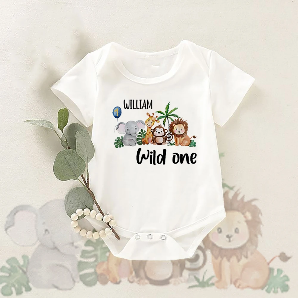 Custom Name Wild ONE&Animal Print Infant Bodysuit Personalized Birthday Short Sleeve  Baby Romper Birthday Boy Clothes