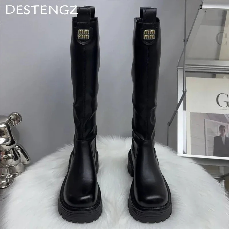 Platform Women High Boots High Heels Chunky Leather Shoes Woman 2025 Trend Winter Elegant Fashion Casual Mujer Motorcycle Boots