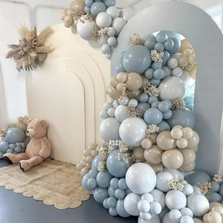 Dusty Blue White Sand Balloon Arch Garland Kit 141pcs Slate Fog Baby Blue Sand White Beige Cream Balloons for Boy Girl Birthday
