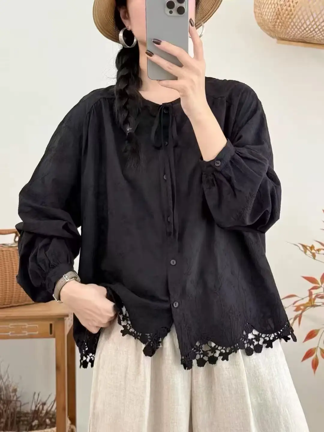 Bust 118cm Mori Kei Clothing Japanese Style White Beige Yellow Lace Embroidered Shirts And Blouses Pure Cotton Boho Clothing