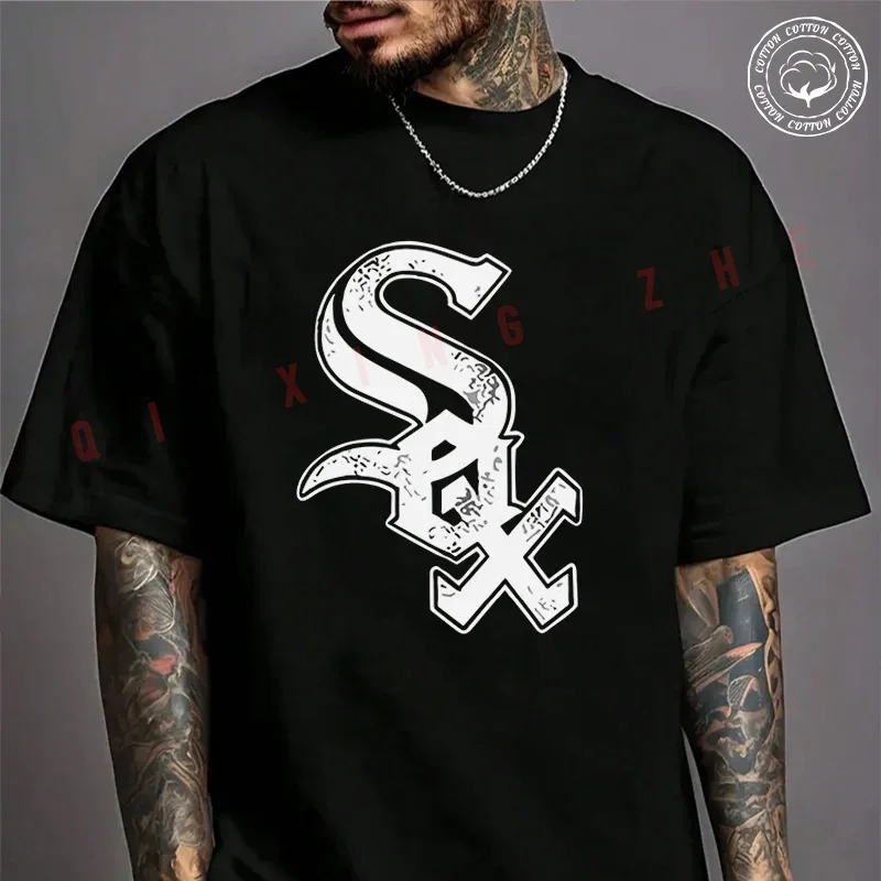 

Sox Logo Baseball Fanwear Graphic Motorcycle T-Shirt For Riders Men's Cotton Fashion Casual High Quality Round Neck Tshirt Tee