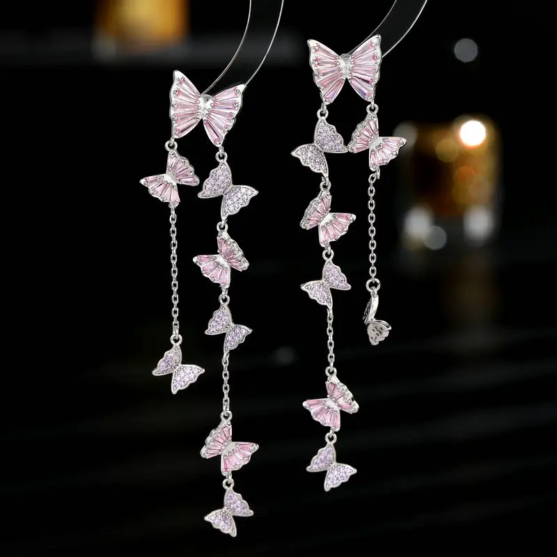 

S925 Silver Needle Super Immortal Style Zircon Inlaid Decorative Face Shaped Earrings Long Tassel Flying Butterfly Earrings