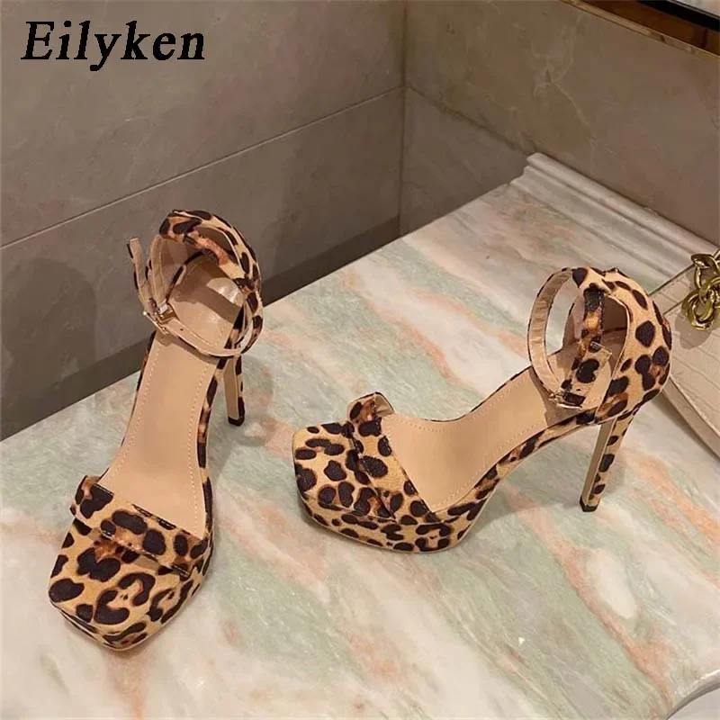 Eilyken Summer Sexy Leopard Grain Pole Dancing Sandals Women Ankle Buckle Strap Platform High Heels Pumps Shoes