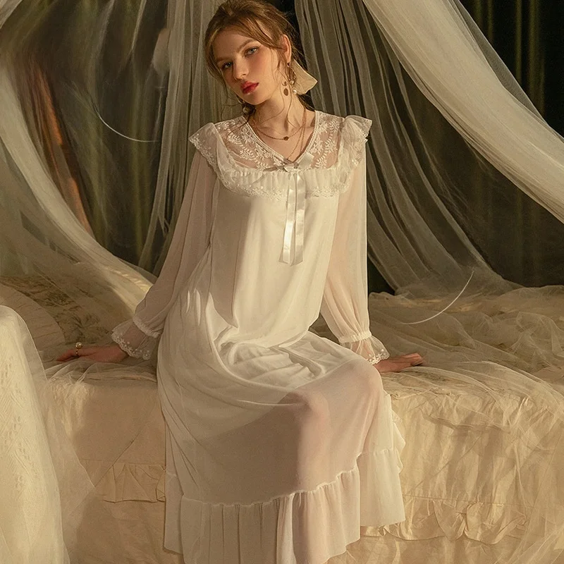 Korean Style Princess Home Clothes Cotton  Mesh Court Sleepwear Women's Sleep Skirt Sweet Grade Lace Long Dress