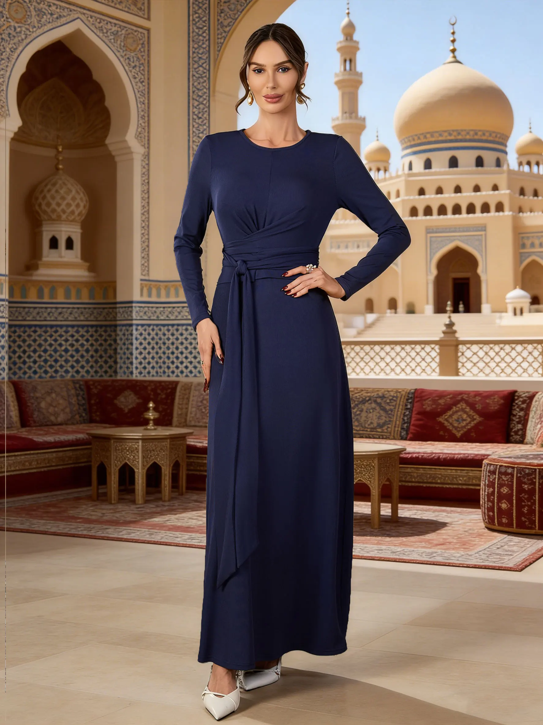 

Элегантный вязаный комплект из двух предметов, платье-майка с завязкой на талии и укороченным топом, женский мусульманский скромный Абая Рамадан Джалабия Ислам Дубай Арабский