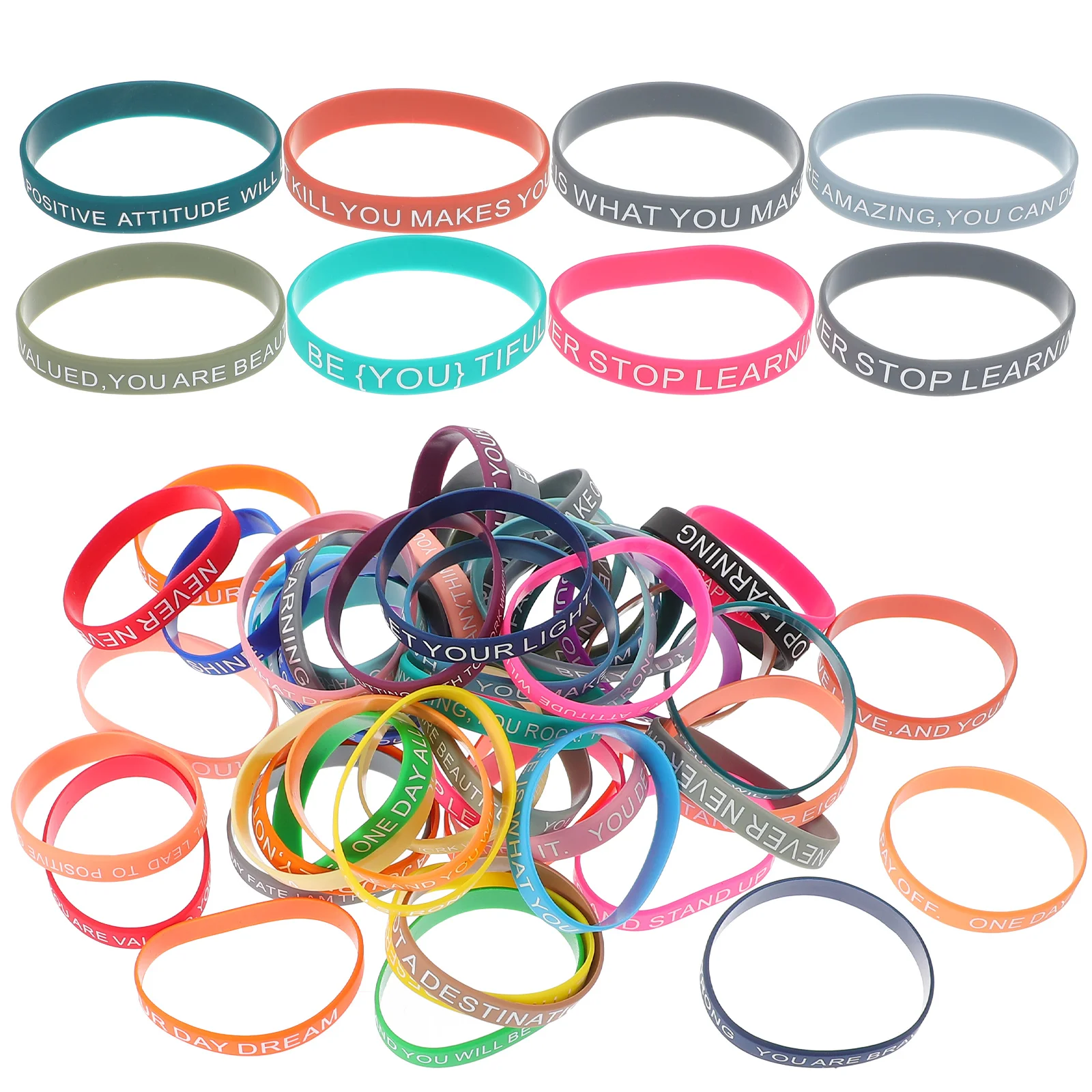 

60 Pcs Motivational Bracelet Unisex Wristbands Inspirational Bracelets Quote Woman Silicone Colored