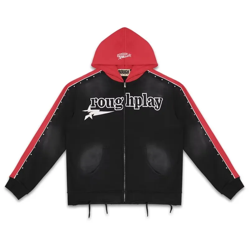 American Streetwear Trendy Sports Suit Rough Play Hoodie Vintage Casual Rhinestone Ripped Splice Zipper Pullover