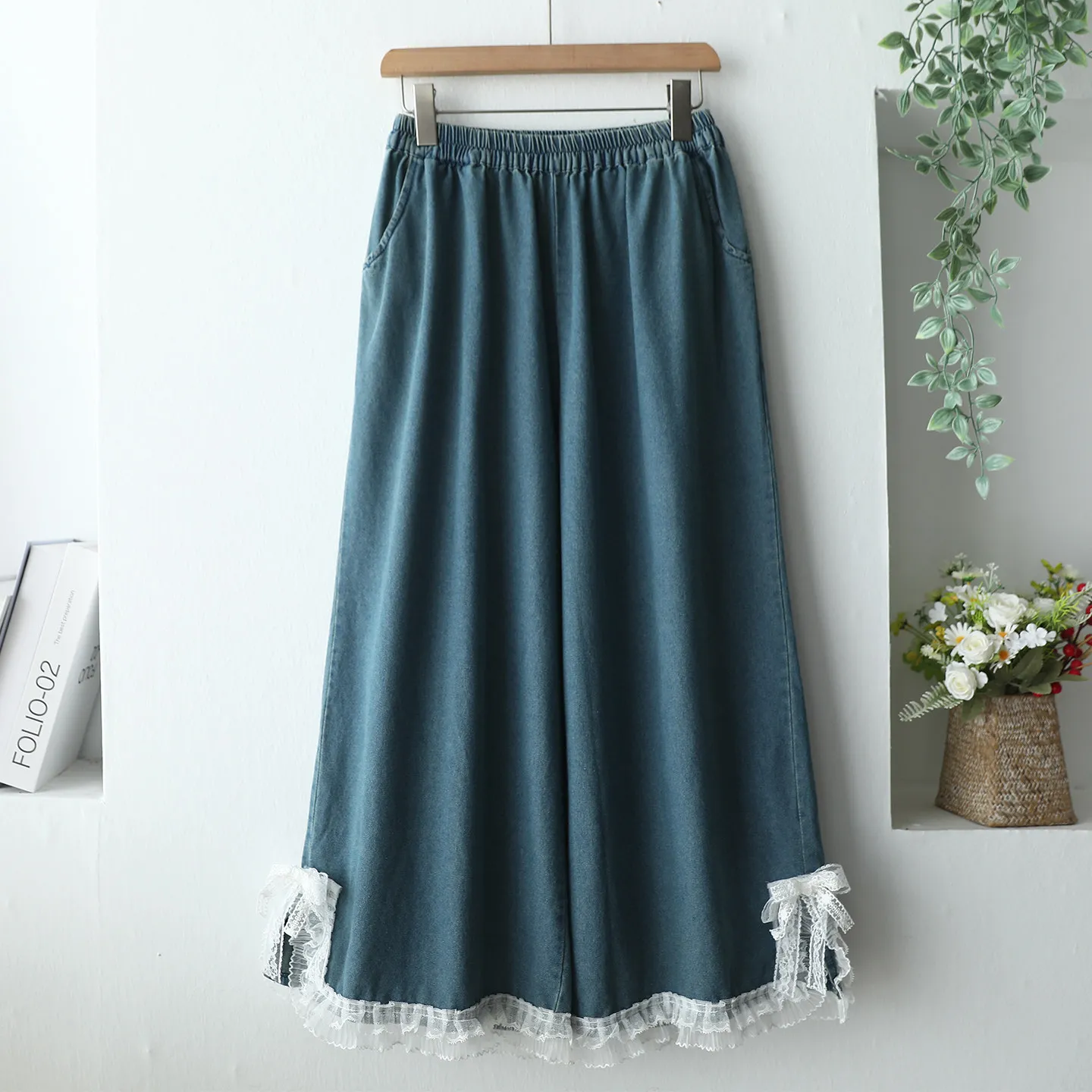 

Japanese Vintage Mori Girl Lace Patchwork Denim Wide Leg Pants Women Spring Summer Elastic Waist Casual Loose Straight Jeans