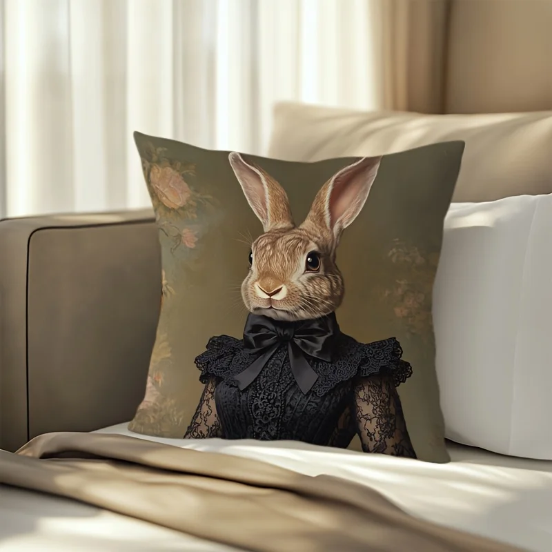 1pc Vintage Victorian Style Lady Rabbit Throw Pillow Cover,Suitable for Sofa,Bedroom,Living Room,a Unique Gift for Animal Lovers