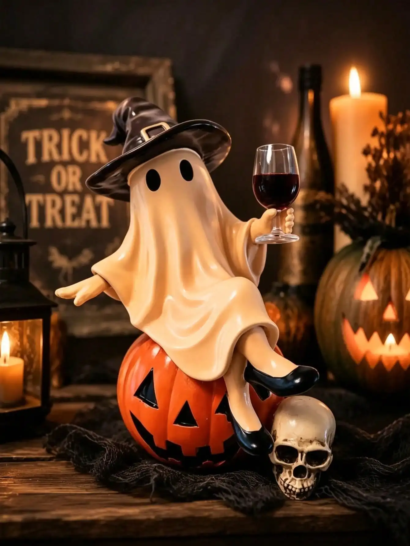 1pc Halloween Ghost Witch Figurine, Ghost Sitting On Pumpkin Holding Cup Resin Statue, Eerie And Funny Desktop Decor, Gothic Skeleton Halloween Tabletop Decoration, Autumn Harvest Party Home Fireplace Mantel Decor, sh260709183127553601899